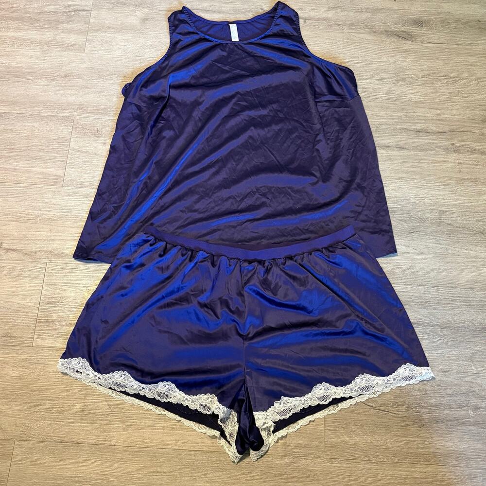 Sleep by Cacique Plum Satin Pajama Set Lace Trim Shorts Tank Plus Size 22/24